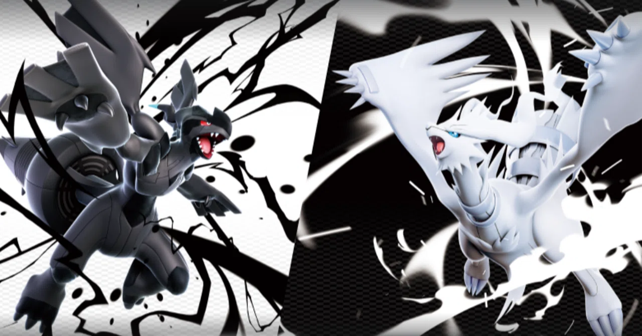 Key art for the Japanese Black Bolt (SV11B) and White Flare (SV11W) Pokemon TCG dual sets, showing Zekrom and Reshiram over the paired set logos