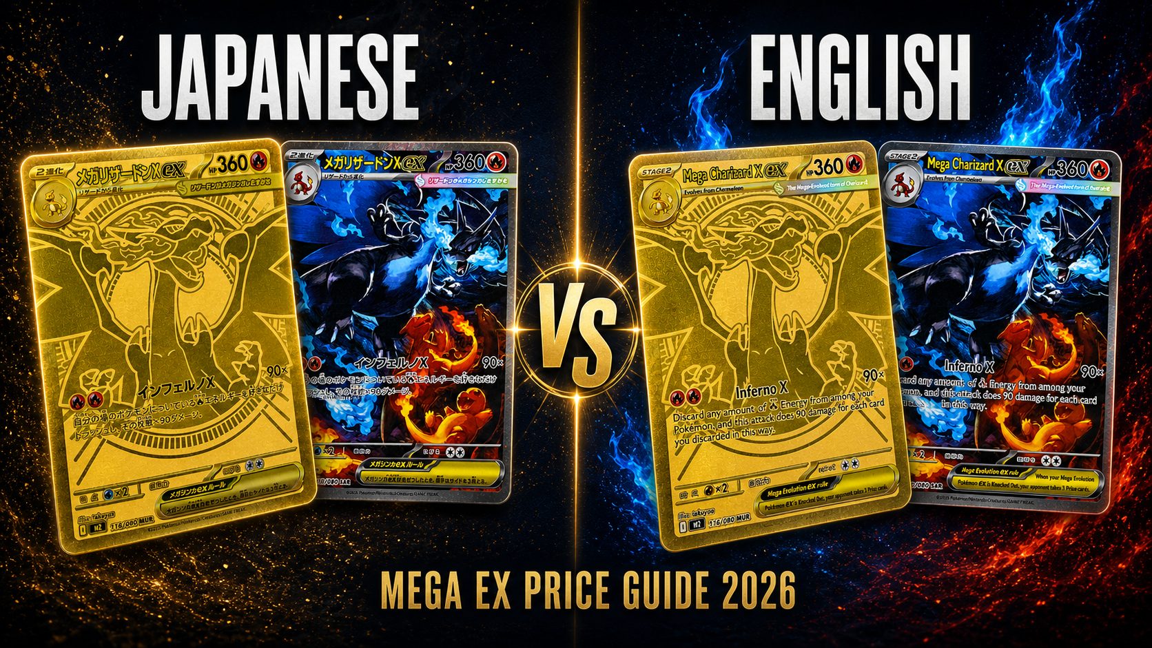Title graphic for our Japanese vs English Mega ex price guide: a gold card and an alternate-art Mega Charizard X ex on each side of a VS divider, captioned Mega ex Price Guide 2026