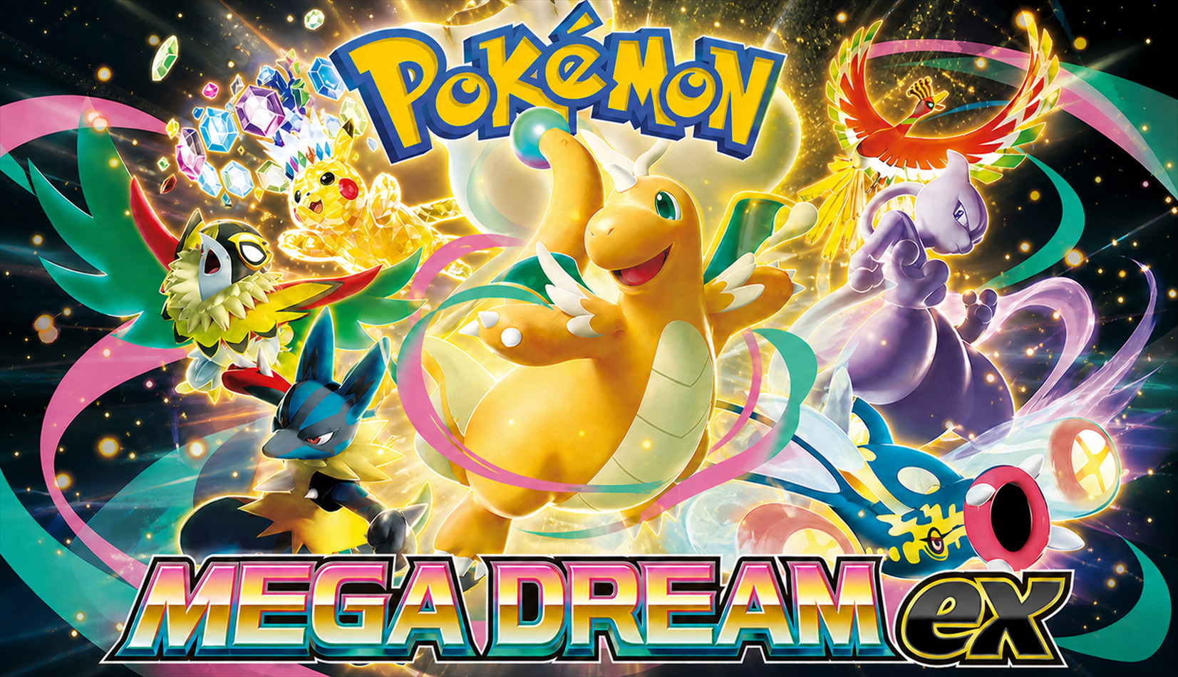 Golden dragon mascot surrounded by colorful prismatic light for the MEGA Dream ex 57-card price guide