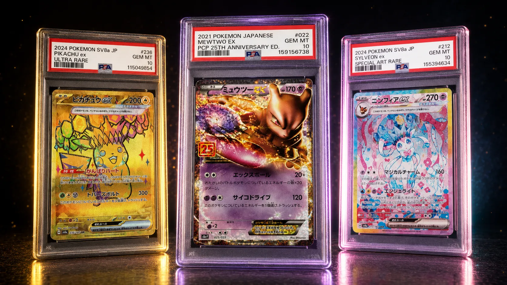 Three PSA Gem Mint 10 graded Japanese Pokémon cards in slabs, displayed side by side: Pikachu ex Ultra Rare (SV8a #236), Mewtwo ex PCP 25th Anniversary Edition (#022), and Sylveon ex Special Art Rare (SV8a #212)