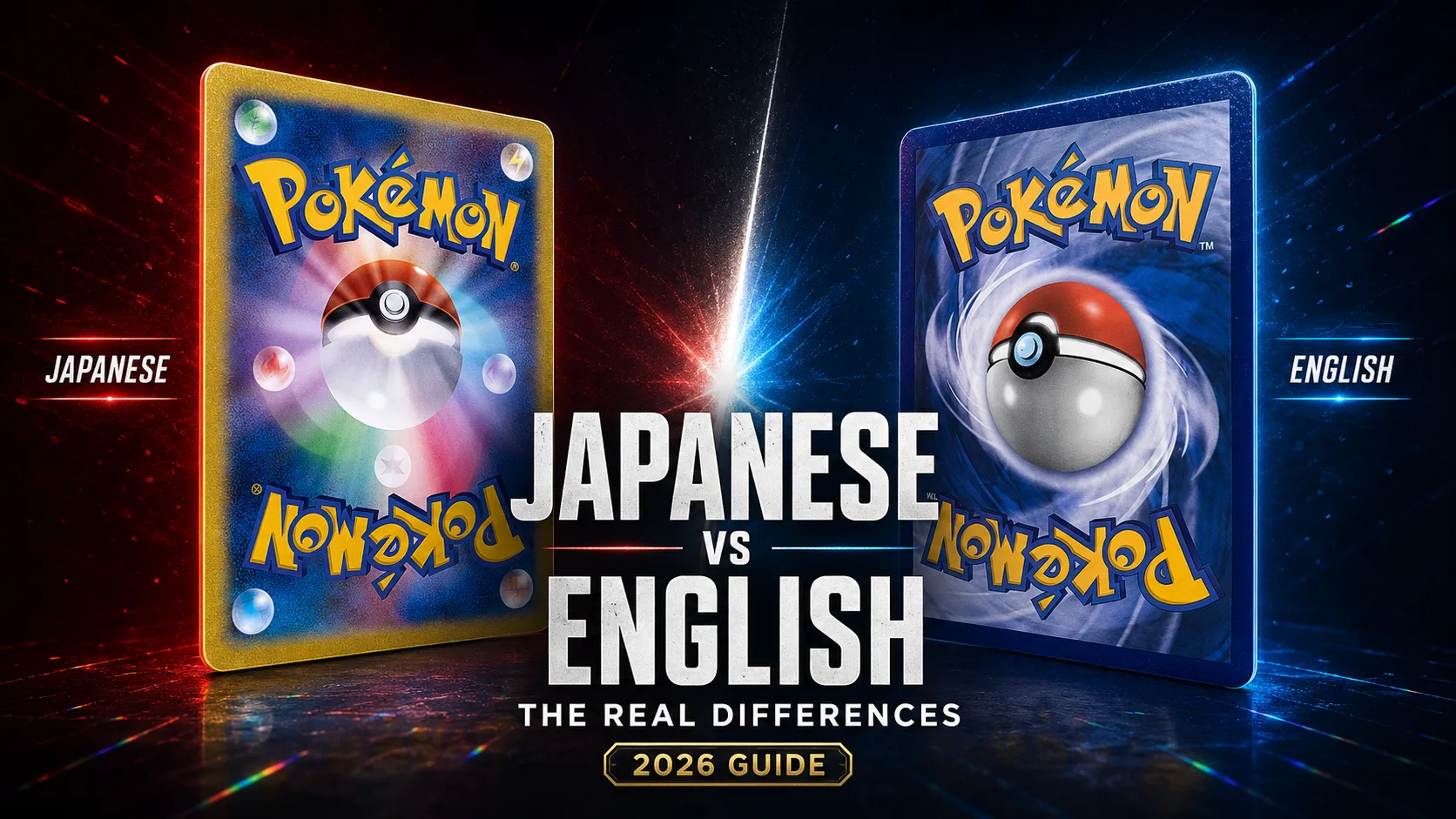 Split banner comparing a Japanese Pokémon card back (gold border, rainbow Poké Ball) on the left against an English Pokémon card back (blue swirl Poké Ball) on the right, with the title "Japanese vs English: The Real Differences, 2026 Guide"
